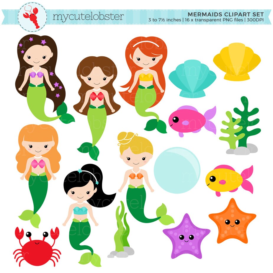 Mermaids Clipart Set - clip art set of mermaids, sea ...