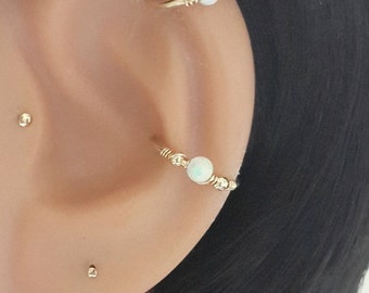 Fire Snow White Opal 3mm Cartilage Earring- Gold Helix Hoop- Top Ear Piercing- Helix Jewelry-16g 18g 20g 22g- Holiday Gift- Black Friday