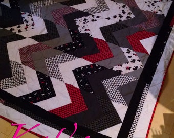 Quilt with Scottish Terriers | Scottie Themed Handmade Quilt with red, black, white and gray | Scottish Terrier Blanket or Throw