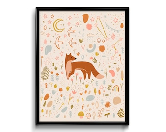 Woodland Red Fox Art Print- poster design woodland folk art whimsical watercolor nursery decor home baby room gift floral wall