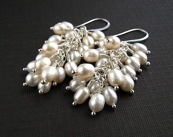 White Freshwater Pearl Cluster Earrings White Pearl Bridal Earrings Pearl Cluster Wedding Earrings