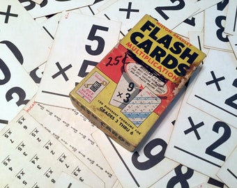 48 Flash Cards, Vintage Sixties Math Multiplication Cards, Educational, Craft Supply, Mixed Media, Scrap-booking, Farmhouse Rustic Decor