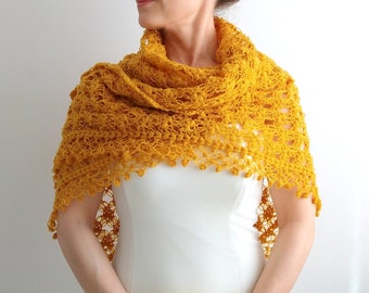 Mustard shawl, crochet shawl, bridal wrap, winter wedding, gift for her, bridal cover up, yellow shawl wrap, fast shipping, ready to ship