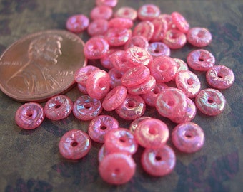 Vintage Sequins Puffy Pink AB Rainbow Gelatin 6mm lot of 50 donuts puffed hollow beads