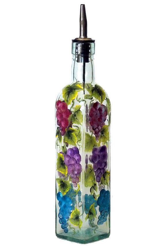 Download Hand Painted Glass Bottle Olive Oil Dispenser Grapes Blue Red Yellowimages Mockups