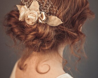 Wedding hair flower - Bridal hair piece - Champagne hair flowers - Rustic wedding hairpiece