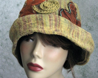 Womens Brimmed Hat Muted Gold and Green With Large Colorful Patch Work Flowers Chemo Hair Loss Cap Hat Teen Hat Head Sz 21- 23