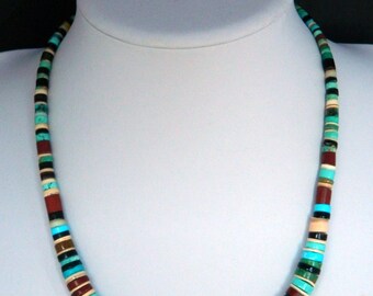Native American Santo Domingo Turquoise Pipestone Jet Heishi Sterling Silver Graduated Necklace 20"