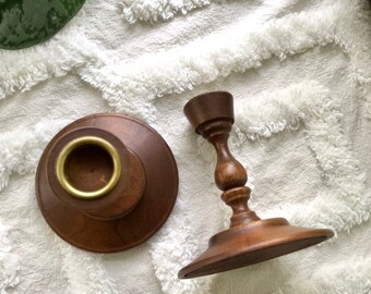 Wooden Candle Holder Set, Wood & Brass Candle Holders, Set of Two Candlestick Holders,Candlestick Holders, Candlestick,Vintage Candlestick