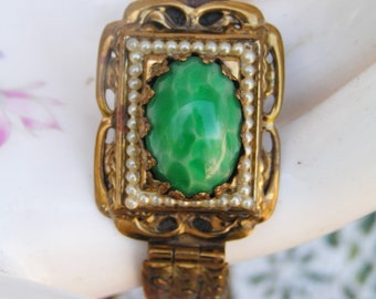 Vintage Victorian Revival Brass Green Glass Cabochon and Faux Seed Pearls Bracelet Circa 40s Bridal Bracelet