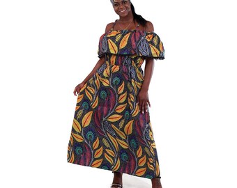 African Print Long Dress: Black Floral