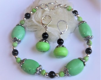 Green Turquoise Healing Bracelet and Earring Jewelry Set, Sterling Silver, Boho Chic Bracelet, Stone Bracelet, Healing Gemstone Jewelry