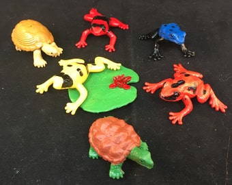 Vintage Plastic Frogs, Turtles and Lilly Pad, Four Frogs, Two Turtles and One Lilly Pad 2" Long 1.5" Wide Previously 8 Dollars ON SALE