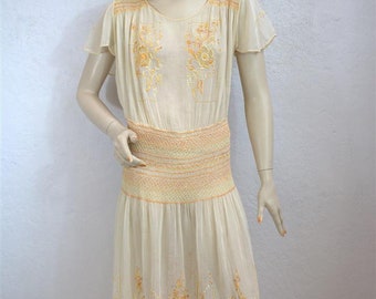 1920's Hungarian Sheer Cotton Dress / Smocked and Embroidered Peasant Dress / Size: Small
