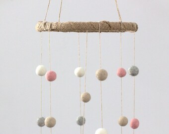 Pink, Gray, Almond & White Felt Ball Nursery Mobile SMALL SIZE- Nursery Childrens Room Pom Pom Mobile Garland Decor