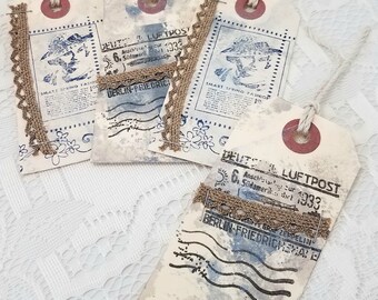 Blue and Gold Distressed Gift Tags - Blue Mixed Media Gift Tags - Rustic Chic Gift Tags - Blue and Gold Stamped Gift Tags - Mixed Media Tags