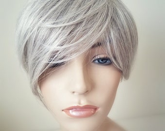 Silver Grey wig, Gray wig, Short pixie cut wig, Long Side Bangs Wig, Pixie wig, Fairy Hair wig