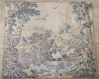 Delicately coloured French vintage hand woven swan themed country scene tapestry - wall hanging