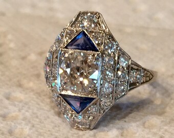 Vintage Art Deco, Platinum, Diamond & Sapphire Ring - Engagement, Wedding, Dinner, Anniversary or Right-Hand Ring