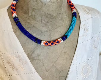 African style bead crochet necklace in blues & orange