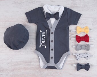 Personalized Baby Boy Gift, Graphite Gray Cardigan, Bodysuit, Hat & Bow Tie Set, Baby Boy Outfit, Newborn Photo Prop, Newborn Clothes Boy
