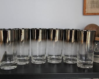 6 Vintage Set of OMBRE Mercury Fade Glasses,Mercury Fade Highball Tumbler Glasses, Mid Century Modern Barware,Silver Mercury glasses