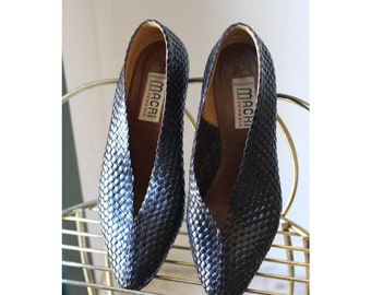 Black Woven Leather Loafers, Braided Leather, Retro Shoes, Small Heel, Size 8 Slip On, Women's Classic Flats, Oxford Shoes, Cute 80s Outfits