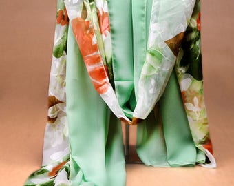 Green Floral Chiffon Scarf - Large Floral Shawl - Polyester Chiffon Scarf - Green Floral Printed Scarf - Handmade Floral Scarf-2018AA