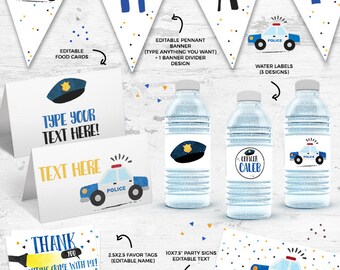 INSTANT DOWNLOAD - EDITABLE Police Birthday decorations Watercolors Cops and robbers printable decorationsPolice party sign favor tags