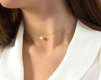 Single Pearl Necklace 6mm, 8mm, 10mm in 14 K Gold Filled, Bridesmaids gift, Floating pearl necklace, White pearl necklace, Wedding
