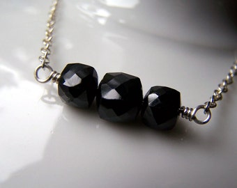 Stacked Gemstone Necklace - Black Spinel Cubes with Sterling Silver Chain