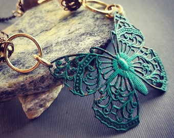 Verdigris Butterfly Beaded Necklace. Gift for Her