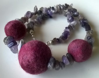 necklace - amethyst + wet felted balls