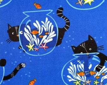 Kitty in the Fishbowl on Blue Cotton Woven