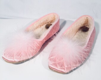 Rare Vintage Boudoir pink slippers fur pompon diva style satin quilted 5UK 38EU St Michael