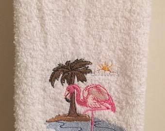 Embroidered ~FLAMINGO in the SUN~ Kitchen Bath Hand Towel