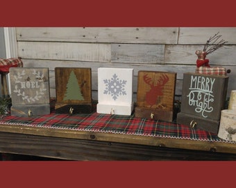 Christmas Rustic Wood Stocking Holders 8" x 6" Decor CUSTOM / Holiday / deer / merry bright / snowflake / tree / Santa / Noel / mantle