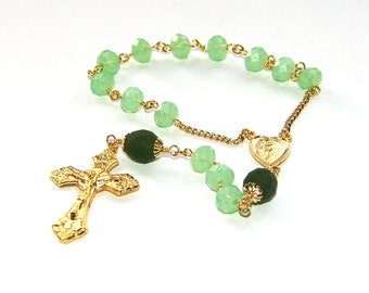 Catholic Pocket Rosary, Green Crystal Beads & Gold Crucifix