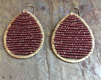 Garnet gemstone silver hoop statement earrings