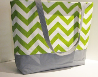 Chevron Tote bag . Chartreuse White and gray . Chevron beach bag . great bridesmaid or Christmas gift MONOGRAMMING Available