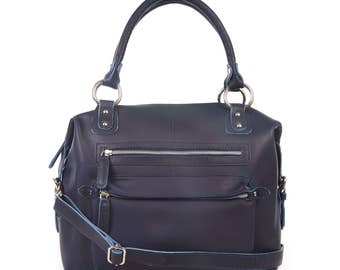 Navy Blue Leather Handbag, Leather Purse, Zip Pockets