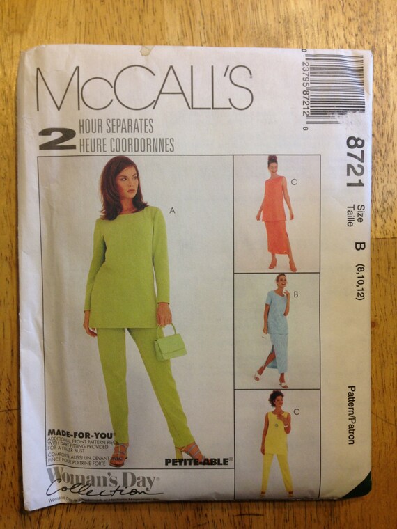 Misses Tunic, Pull On Pants and Skirt McCalls Sewing Pattern 8721 90s Size 8-10-12 Uncut
