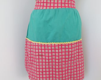 Vintage Homemade Half Apron - Green Red & Yellow with Pocket