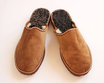 Slippers Men, Felt Slippers, House Slippers Men, Handmade Slippers, Men Leather Slippers, Gift for Dad, Sheepskin Slippers, Fur Slippers