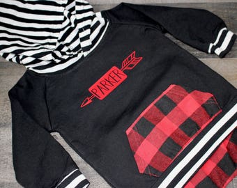 Monogrammed Red Black Buffalo Check Flannel Sweatsuit - Hoodie and Pants Outfit