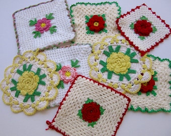 vintage hand-crocheted pot holders with roses, lot of 8 holders