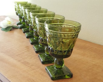 Green Colony Park Lane Glass Goblet Cordials by Indiana Glass Co Set of 8 Avocado Goblets Mid Century Kitchen and Barware