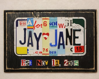 First Names with 7 Characters and Date Wedding Anniversary Gift Custom Made to Order License Plate Art Sign Plaque