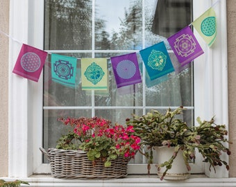 Sacred geometry MIX Prayer flags Hunab Ku Metatron Cube SRI / SHRI Yantra Flower of life Sahasrara Yoga Esoteric banner Home decor Bunting
