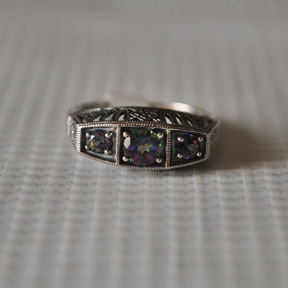 Sterling Silver Rainbow Topaz Art Deco Ring Sz 6 #9793